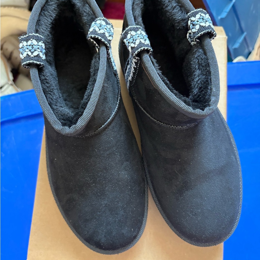 Black Suede Ankle Boots with Embroidered Trim NWY